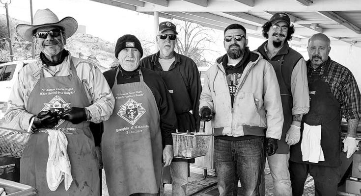 Our Lady of Peace Catholic Church Knights of Columbus in Alpine held their annual Friday night Lenten fish fry on March 11 at the Parish Hall. Here Knights members Carlos Rodriguez, Bucho Garcia, Mark Padilla, Jeff Castillo, Joe Waggoner, and Eligio Rivas pause for a photo as they prepared delicious fried fish with all the fixings. Avalanche photo