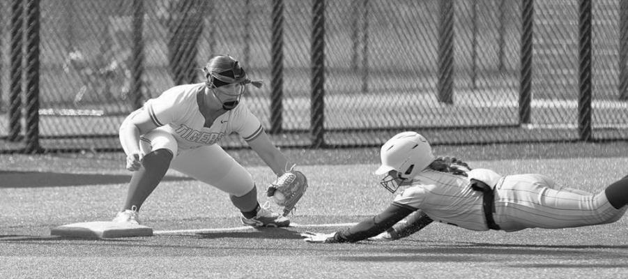 Freshman Kacy Hawkins dives to try and beat a throw during Alpine’s tournament opener in College Station, where the Lady Bucks edged Belton 3-2. Hawkins has sparked the offense with a double, posting a .333 slugging percentage to start the season. Courtesy photo