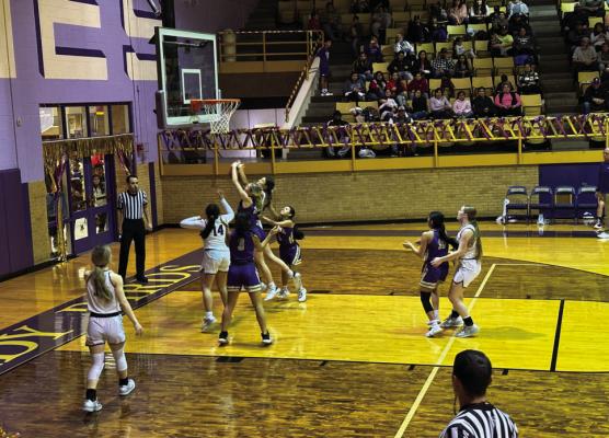 Alpine Lady Bucks attempt to defend a shot at the basket by the Lady Birds at last week’s match up in Crane. Photo by JT Maroney