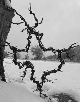 Recent snowfall over the weekend is viewed through a creation by the Rusty Cross from Fort Davis. Photo by Krysta Koetting
