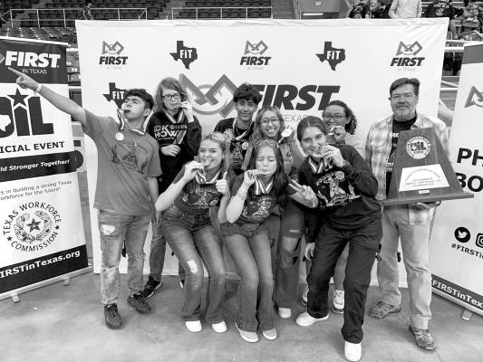 Members of the Terlingua CSD 11720-Purobots are seniors: Ethan Ramirez and Giselle Hernandez, juniors: Laila Salido, Severino Alday Franco, Jen Orozco, and Romina Rodriguez, and sophomores: Brooke Jenks, Luna Barrett, Rigo Guevara and Evan Clark for their second-place win at the state UIL robotics competition. The Purobots are coached by Mr. Brad Anthenat. Courtesy photo