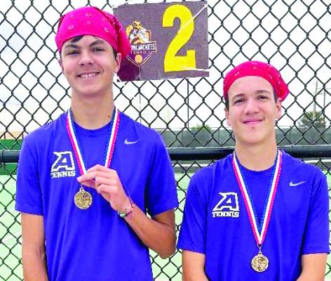 Brody Warren and Davis Edwards earned first place in the boys’ doubles during the district tennis competition last week in Kermit. Courtesy photo