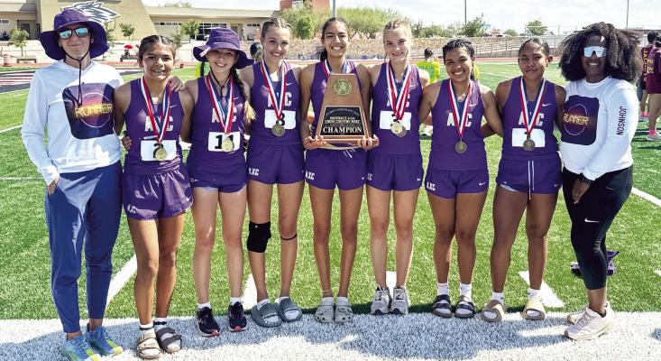 The Lady Bucks varsity cross-country team took the District 4-3Achampionship last Thursday in Tornillo. From left is Head Coach Cory Cason, Iliana Dominguez, Hallie Wood,Alice Saunders, Emy Hernandez, Molly Garrett, Alyssa Ramos, Haily Adams, and Assistant Coach Taryn Johnson. Courtesy photo