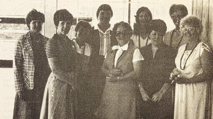 June 25, 1981 — Newly installed officers and directors of the Pilot Club of Alpine include, from left to right, Gene Akers, Ann Hindman, Kay Byrd, Janette Bowers, Peral Potts, Margie Brooks, Sue Nelon, Dot Leavitt, and President Joslyn Tucker. Not pictured are Betty Tanksley and Katherine Stone.