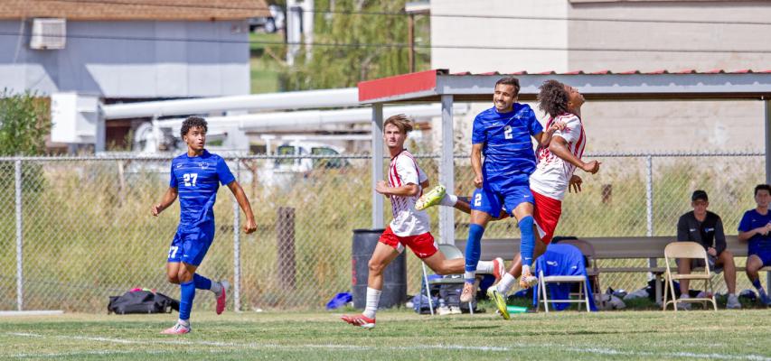 Sul Ross men’s soccer took on St. Mary’s on Saturday afternoon, falling 0-1 but leaving it all on the field. Pictured are Lobos Romain Bricier of Ahuille, France (left) and Dallas native Malachi Walker (right), who was attempting to move the ball with his head against the St. Mary’s player. Photo by Kara Gerbert