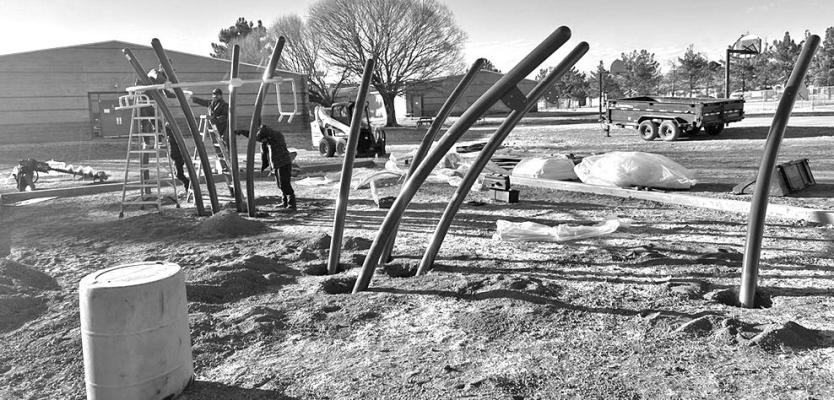Construction crews are hard at work this week installing the new playground equipment at Alpine Elementary School. The equipment was purchased with money donated to Alpine ISD from the Brown Foundation, Permian Basin Area Foundation, and the King Family Foundation. Courtesy photo