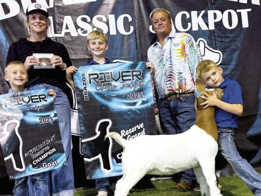 Bryce Renfroe, AES first-grader, earned first-place and reserve champion honors this past weekend at the Brazos River Classic Jackpot in Seymour with his middleweight goat. Courtesy photo