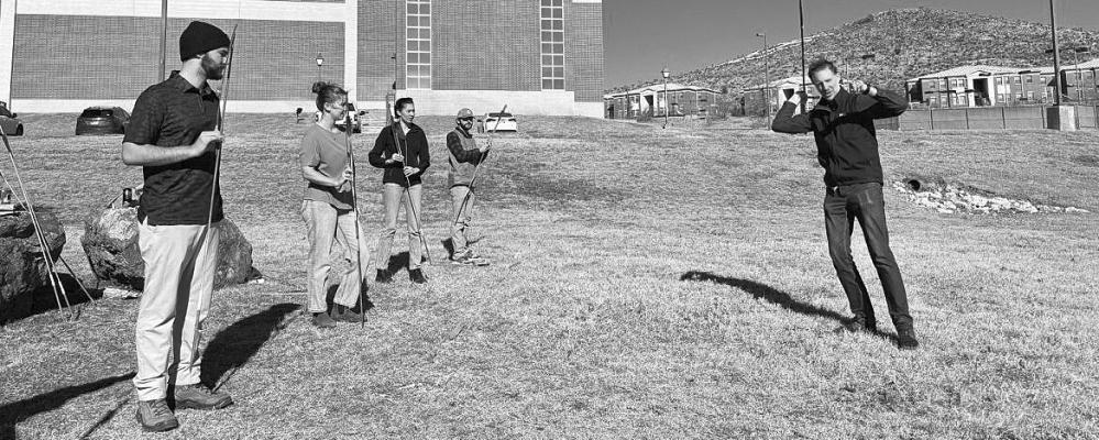 Sul Ross students in the Introduction to Archaeology class received first-hand instruction and practice with the ancient projectile weapon, the Atlatl. Professor Charles Koenig invited fellow instructor, Dr. Devin Pettigrew, to help teach the students how the weapons were used in action. Photo by Charles Koenig