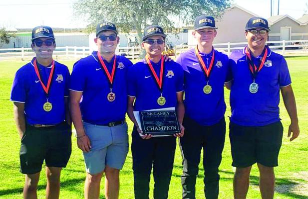 The AHS varsity golf team took first place in McCamey on Thursday as a team. Pictured are Camilo Celaya, David Baca, Luis Lujan, Jaden Roggow, and Ace Granado. Courtesy photo
