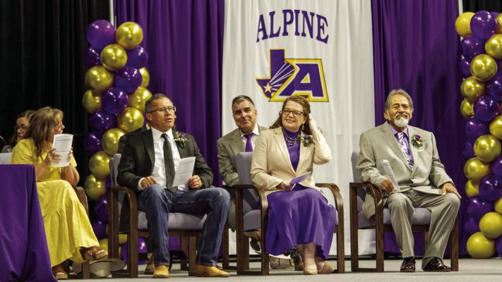 All manner of expressions crossed members of the AISD school board’s faces before last Friday night’s graduation ceremonies. From left are Niki Ahrens, Jimmy Morris, Dr. Michelle Rinehart, Eddie Natera, and in back, Dr. Adrian Billings. Photo by Kara Gerbert