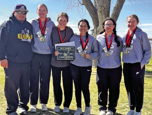 The Lady Buck golf team was the undisputed champion at the McCamey Golf Invitational on Monday, with Colette Fowlkes placing first followed by Evelyn Smith placing second in individual play. Photo courtesy of Sonia Ybarra