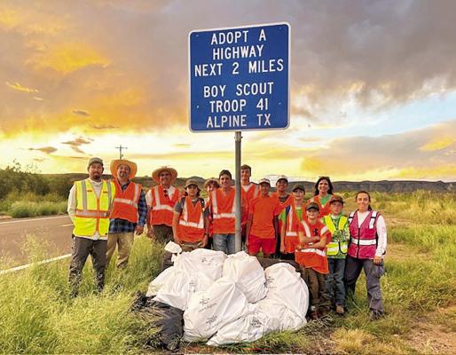 Boy Scout Troop 41 adopted a stretch of highway on North 118 towards Fort Davis as part of the troop’s service project. The troop is pictured here on September 14, where they collected numerous bags of trash. Courtesy photo