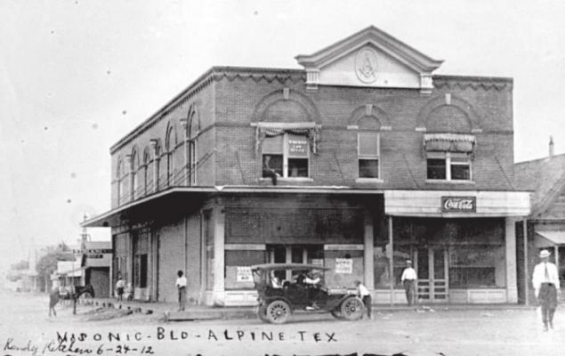 The historic Masonic Lodge Building, Kandy Kitchen, site of the current Alpine Avalanche building, located on Fifth Street and Avenue E in Alpine, circa 1912. Courtesy photo