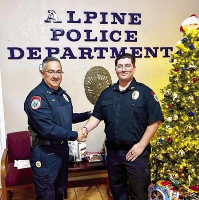 Alpine Chief of Police Darrell Losoya swore in the department’s newest officer, Victor Santana, early last week. Santana, a native of Horizon City near El Paso, is a 2024 graduate of the H. Joaquin Jackson Law Enforcement Academy at Sul Ross. Photo courtesy of Alpine Police Department