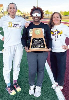 Head track coach Cory Cason, along with Assistant coaches Taryn Johnson and Linda Morris, are all smiles as they celebrate the AHS varsity girls’ sixth consecutive District Championship in track and field. Courtesy photo