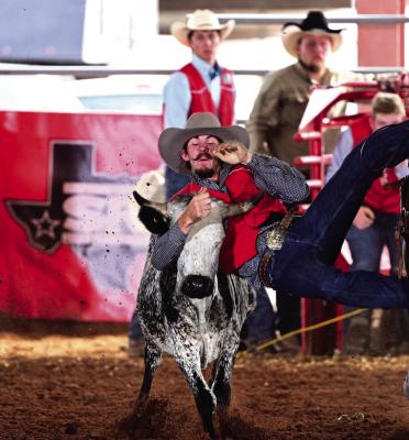 Sul Ross steer wrestler Zane Cline currently sits in third place in the Lone Star Region standings with 355 points after five rodeos. He placed fifth at the Sul Ross rodeo, first in Cisco, and first in San Angelo. He also currently sits 19th in the national standings. Photo courtesy of Sul Ross Rodeo Team