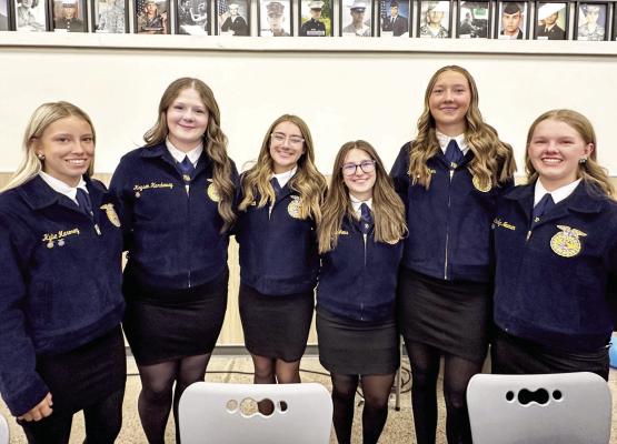 The Alpine FFA swore in its new officers for the 2026-2027 year during their annual banquet held last Tuesday. Pictured (L to R) are Kylie Maroney, Reporter, Kaysen Hardaway, Treasurer, Evelyn Smith, Secretary, Sophie Janis, President, Colette Fowlkes, Vice President, and Carolyn Newman, Sentinel. Courtesy photo