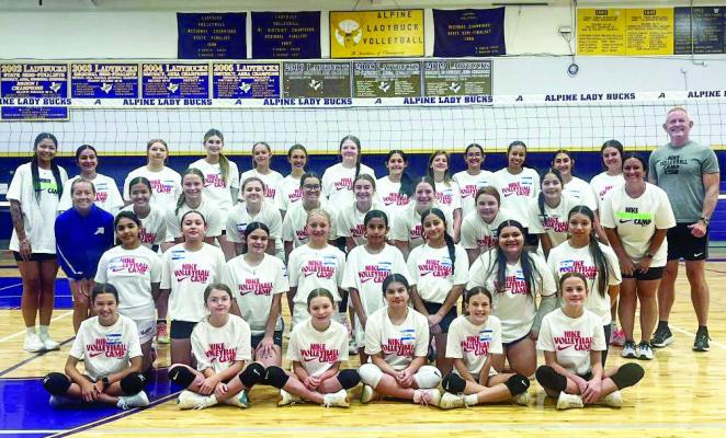 Last week, Lady Bucks of all ages participated in the Nike Volleyball Camp held at the Alpine High School gym. Over 50 girls attended the camp that focused on passing, serving, setting, and hitting. Courtesy photo