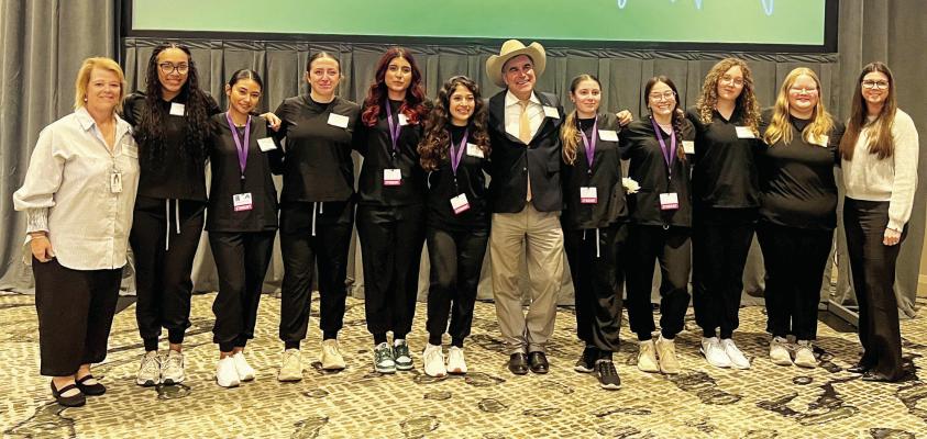 Ms. Gayla Owen’s senior CNA students attended the National Rural Health Day Conference in Odessa last week, focusing on rural healthcare and job recruitment. Pictured is the District Nurse and CNA instructor Gayla Owen, students Alyssa Mitchell, Toni Ybarra, Kody Hawkins, Deidra Villarreal, and Vianney Santos, along with Dr. Adrian Billings, Trinity Vega, Karolina Castillo, Taryn Klockman, Brianna Johnson, and CNA Director Angela Juett. Courtesy photo
