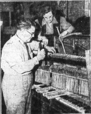 July 19, 1946 (Above) Hallett Lawrence of Oklahoma City, Oklahoma has been secured by the USO Salvation Army club to not only tune the club’s piano but to also entertain the servicemen one night a week. Lawrence plays everything from the classics to boogie-woogie and does everything by ear and by touch because he is blind. He has also taught his wife, pictured here with him to tune pianos also.