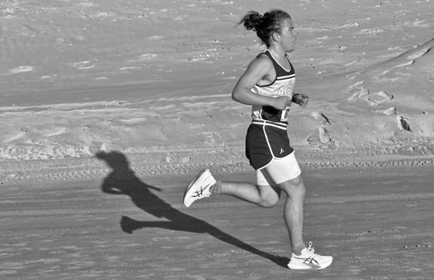 Alpine Cross Country runner Landon Velasco keeps a steady pace in front of his shadow and other runners as he sets a new personal record of 19:14 while running along the beach in Port Aransas this past weekend. Courtesy photo