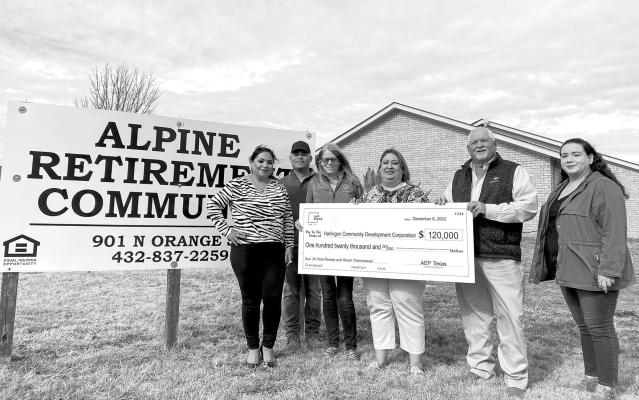 Recently Alpine Retirment Community Apartments was awarded a $120,000 grant from AEP to help with updated HVAC expenses for its residents. Pictured are Ellie Ahumada, board member HCDC, Antonio Maldonado, Eileen Rouke, Property manager, Esmeralda Zuniga, property manager and Blake Burchard, AEP External Affairs Manager and Vero Elizondo, AEP Coordinator. Courtesy photo