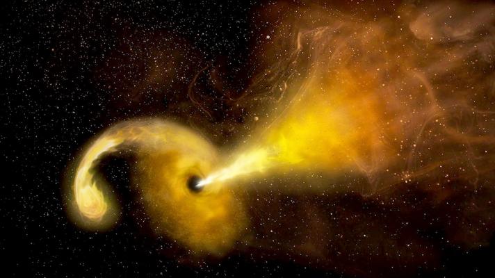 This is an artist’s rendition of a tidal disruption event, which happens when a star passes fatally close to a supermassive black hole. NASA’s Neil Gehrels Swift Observatory captured an “orphan” black hole lighting up as it devoured a star on the outskirts of a far-off galaxy. Photo courtesy of NASA