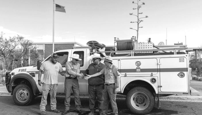 The staff from Big Bend National Park and the Marathon Fire Department meet for the engine transfer. Courtesy photo