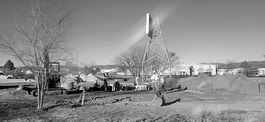 Construction crews work on building a new tower on Murphy Street for the Union Pacific Railroad. Photo by Joh Covington