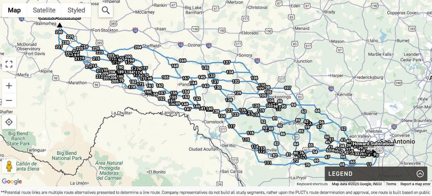 Potential transmission line routes over the Glass Mountains in Brewster County for the Howard-Solstice Transmission Line Project.