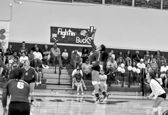 A Lady Buck volleyball player attempts a spike against an opponent last season. Avalanche photo