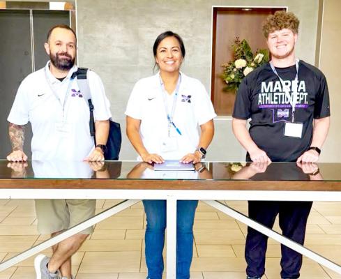 Marfa Lady Shorthorns head basketball coach Marcus Ortega, Dean of Students Linda Ojeda, and Shorthorn cross country coach Zachary Wilson have been selected to serve in committee roles with the Texas Girls Coaches Association for Region 8. These coaches will help advocate for girls and student athletics across the region. Photo courtesy of Marfa ISD