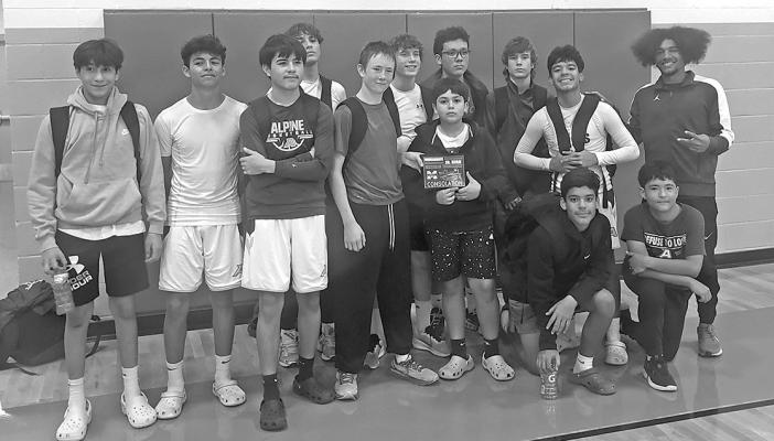 The 8th-grade boys’ basketball team earned consolation honors reccently at a tournament in Monahans. They began their district schedule against Presidio last week, with both the A and B teams falling 10-12 and 22-25 respectively. The 8th-grade team is Matthias Prieto, Julian Perez, George Muniz, Zane De Leon, John Ritchie, Emerson Roach, Enrique Valenzuela, Tate Ortiz, Cooper Roach, Luis Lujan, Tito Lujan, Jeremiah Mendoza, and Coach Wilson. Courtesy photo