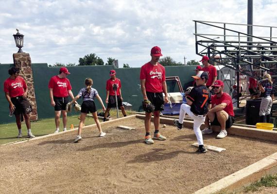 Young players work on their pitching earlier this week with focused coaching from Cowboys pitchers during the youth baseball camp held at Kokernot Field. Courtesy photo