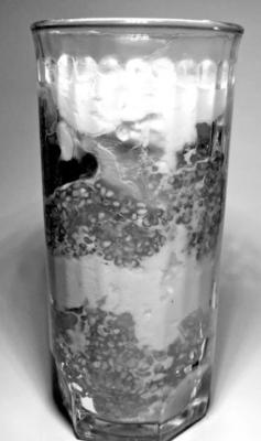 Peach tapioca pudding. The recipe said to serve it in a sherbet dish, but I decided to layer it with homemade whipped cream like a parfait.