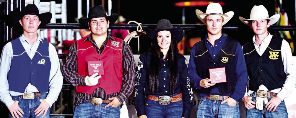 Britton Belcher of Angelo State University, grandson of Dr. Ray and Terry Jean Allen, and Sul Ross Rodeo’s Colton Williamson split the win in the team roping at last weekend’s 80th Sul Ross College Rodeo, along with Dalton Huston and Brock Rouse of Weatherford College. Photo courtesy of Jennings Photography