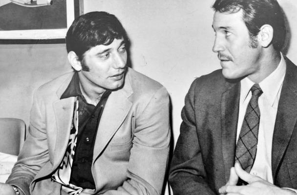 Alpine’s Bake Turner chats with Joe Namath (left) at New York’s La Guardia airport as they wait to board a plane to Miami for Super Bowl III against the Baltimore Colts. Photo courtesy of Bake Turner
