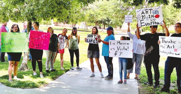 On June 30 Sul Ross students rallied on campus to protest what they thought might be cuts to the university’s fine arts program. Avalanche photo by Gail Diane Yovanovich