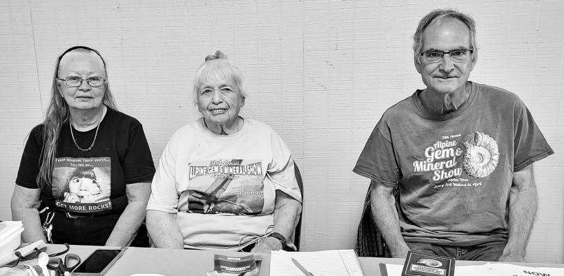 Members of the Big Bend Gem and Mineral Show committee welcomed visitors to their annual event this past weekend, held at the Alpine Civic Center. Pictured are members of the committee, Suzanne Franklin, treasurer and co-chair of the event and owner of the Davis Mountains Rock Shop, Judith Brueske, president and secretary and owner of Ocotillo Enterprises, and Paul Graybeal, past chairman and owner of Moonlight Gemstones in Marfa. Avalanche photo by Kara Gerbert