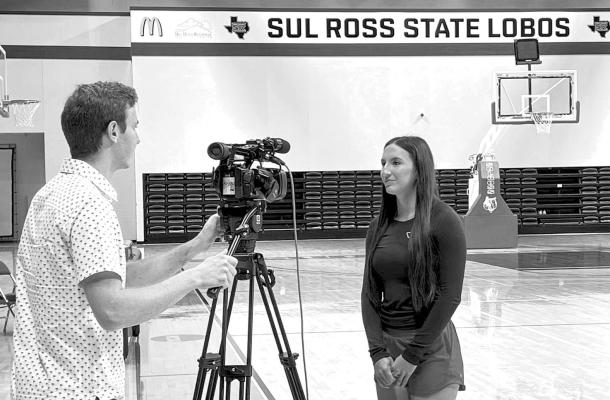 Annika Canaba, Sul Ross’ new head volleyball coach is pictured here during an interview with Jensen Young of CBS7. The local news station out of Odessa interviewed both her and her dad and former head volleyball coach Troy Canaba, who has played a pivotal role in Annika’s success. Photo courtesy of Sul Ross Athletics