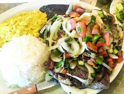 Acebolado with black beans, rice, and farofa. Photos by Kara Gerbert