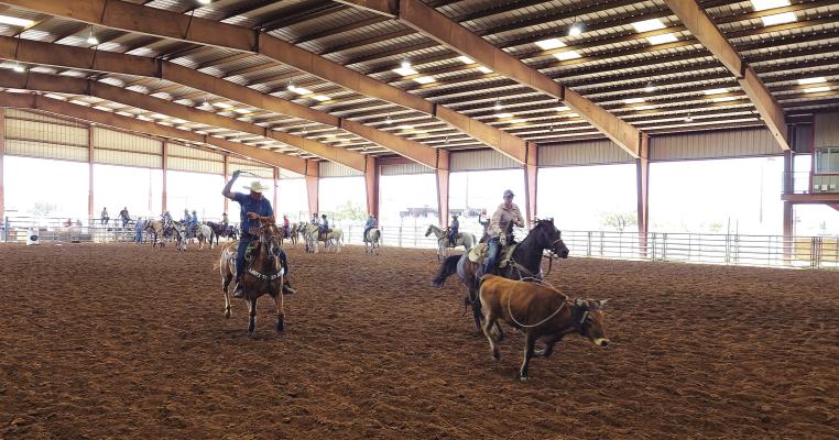 Stewart Wells and Autumn Kneupper, both graduates of Sul Ross, compete in the Bar SR Bar Exes team roping held this past Saturday at the Sul Ross SALE arena. This roping is held annually and is just one of the rodeo events that bring alumni to town. The reunion holds other activities such as a 42 tournament, a poker tournament, a golf tournament, and an awards ceremony and silent auction. Photo by Kara Gerbert