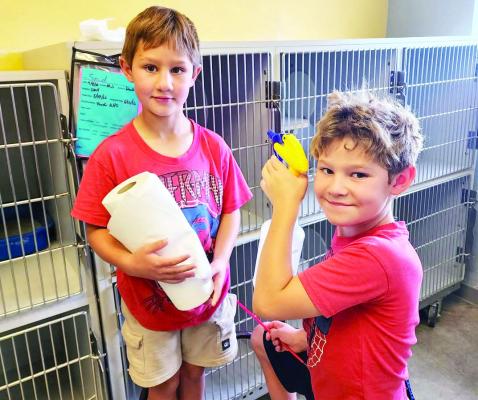 These young volunteers are what helps keep everything in tip-top shape at the Alpine Animal Shelter. River and Roam Rousselow are being good stewards by helping out with keeping the homeless cat cages clean. Photo by Alpine Animal Services