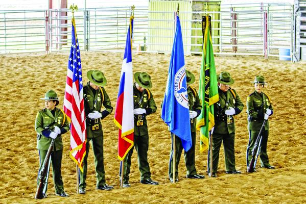 Members of the U.S. Border Patrol Color Guard stand ready as they prepare for their role in the graduation ceremony held at Sul Ross for the Horse Patrol Unit on Friday morning. Photo by Kara Gerbert