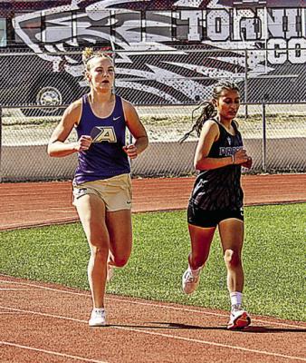 Molly Garrett was the lone runner for the girls’ 3200m race last Thursday during the 3A District track meet. Garrett placed third. Photo by Kara Gerbert