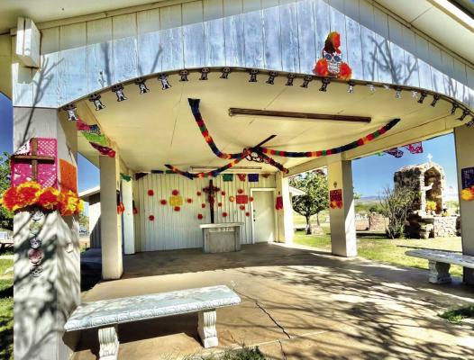 The chapel at Holy Angels Cemetery is a gathering place for friends and family, conveniently positioned at a crossroads just inside the entrance near the end of Old Cemetery Road in Alpine.