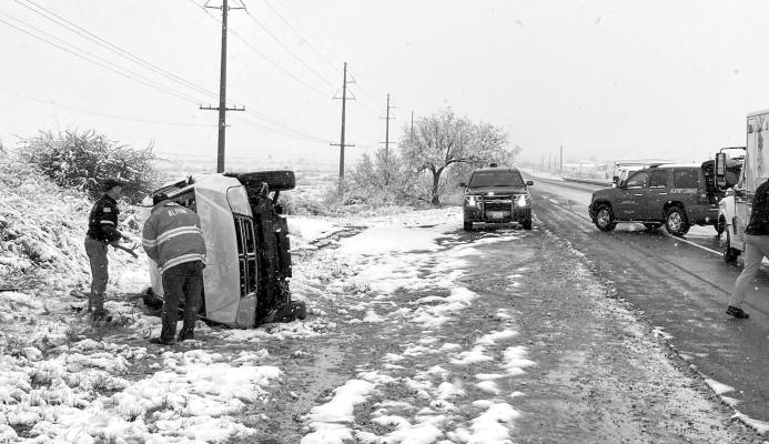 Brewster Co. Sheriff’s Office and Alpine EMS responded to an overturned SUV on U.S. Hwy 67. Hazardous weather and driving conditions resulted in more than one traffic accident over the holiday weekend. Photo by: Brewster Co. Sheriff’s Office