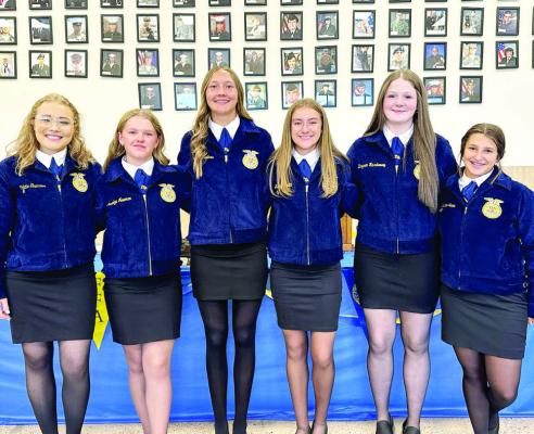 Alpine FFA held its annual banquet last Tuesday evening, at which it elected new officers for the 2025-2026 school year. The new officers include Collette Sharron, reporter; Carolyn Newman, sentinel; Colette Fowlkes, treasurer; Evelyn Smith, president; Kaysen Hardaway, secretary; and Sophie Janis, vice president. Photo by J. T. Maroney