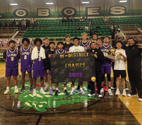 Alpine proudly celebrates their Bi-District win over Lamesa last Tuesday in Monahans. Courtesy photo