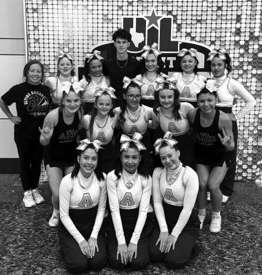 Fightin’Buck cheer competed at the State UIL Spirit Championship earlier this month and posed for a group photo after their competition. In back: AHS Cheer Coach Linda Morris, Alli Wofford, Sarah Natera, Jack Juett (flag runner), Nevaeh Carrasco, Ella Miranda, and Aliea Fierro. Middle row: Molly Garrett (flag runner), Lucille Fraser, Naida Morris, Abby Bruttomesso, and Hope Dominguez (flag runner). In front: Analia Adame, Gabriella Dominguez, and Karolina Castillo. Courtesy photo
